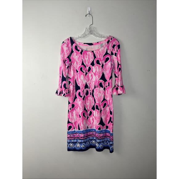 Lilly Pulitzer Sophie UPF 50 XXS Ruffle High Tide Navy via Amor Flamingo Dress - Picture 1 of 16